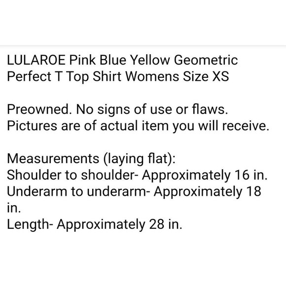 Lularoe Perfect T Top Shirt Womens Size XS Pink Blue Yellow Geometric Comfort - Picture 7 of 7